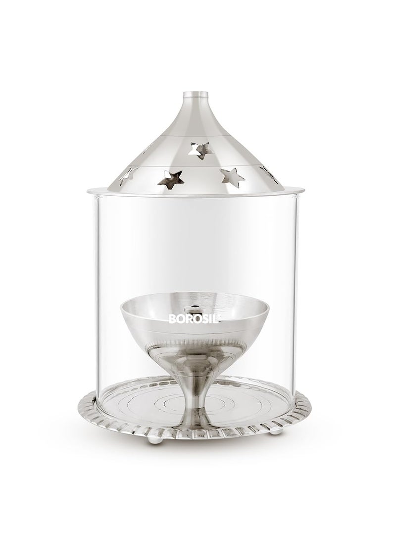BOROSIL Borosil Large Nickel Akhand Diya Decorative Glass Oil Lamp Tea Light Holder Diya with Borosilicate Glass Puja Dia for Mandir Lantern Diya with Glass Cover Nickel Diya  - Image 4