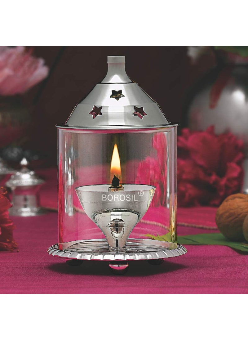 BOROSIL Borosil Large Nickel Akhand Diya Decorative Glass Oil Lamp Tea Light Holder Diya with Borosilicate Glass Puja Dia for Mandir Lantern Diya with Glass Cover Nickel Diya  - Image 1