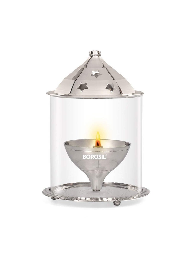 BOROSIL Borosil Large Nickel Akhand Diya Decorative Glass Oil Lamp Tea Light Holder Diya with Borosilicate Glass Puja Dia for Mandir Lantern Diya with Glass Cover Nickel Diya  - Image 5