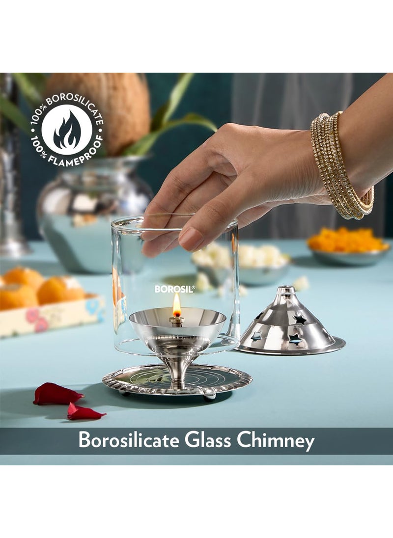 BOROSIL Borosil Large Nickel Akhand Diya Decorative Glass Oil Lamp Tea Light Holder Diya with Borosilicate Glass Puja Dia for Mandir Lantern Diya with Glass Cover Nickel Diya  - Image 2