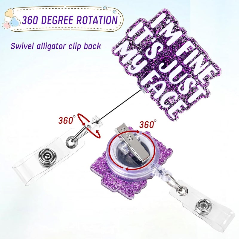 Dimeho Funny Badge Reels Retractable ID Card Holder I'm Fine It's Just My Face Name Tag Alligator Clip Heavy Duty Swivel Keychain for Nurse Student Medical Assistant Doctor Teacher Office Work - Image 3