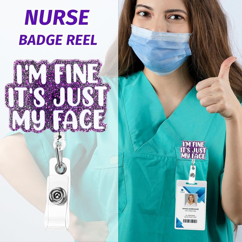 Dimeho Funny Badge Reels Retractable ID Card Holder I'm Fine It's Just My Face Name Tag Alligator Clip Heavy Duty Swivel Keychain for Nurse Student Medical Assistant Doctor Teacher Office Work - Image 4