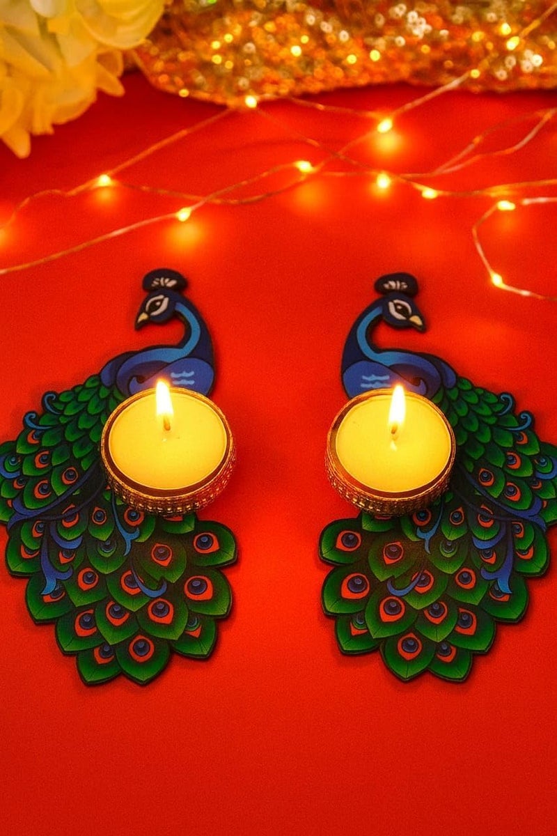 Webelkart Premium Decorative Peacock Set of 2 Tea Light Candle Holder for Home and Dining Table Decor/Tealight Candle Holder for Diwali Decor (6.5 inches) - Image 2