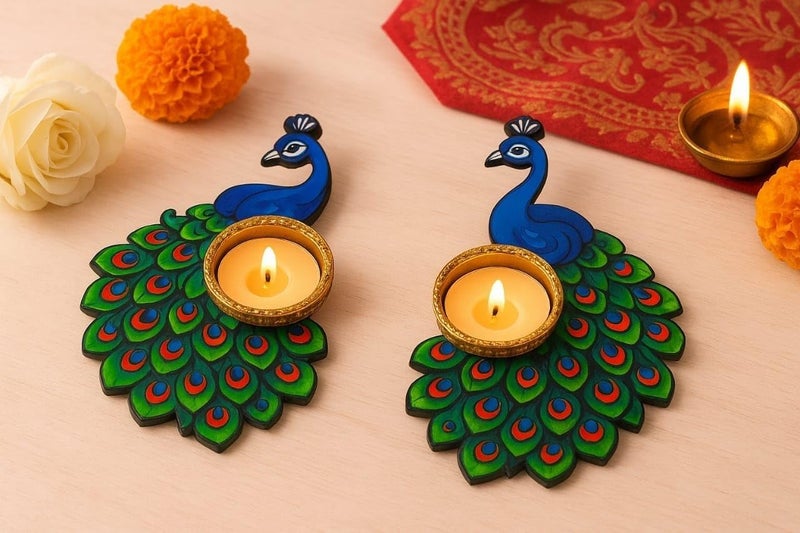 Webelkart Premium Decorative Peacock Set of 2 Tea Light Candle Holder for Home and Dining Table Decor/Tealight Candle Holder for Diwali Decor (6.5 inches) - Image 1