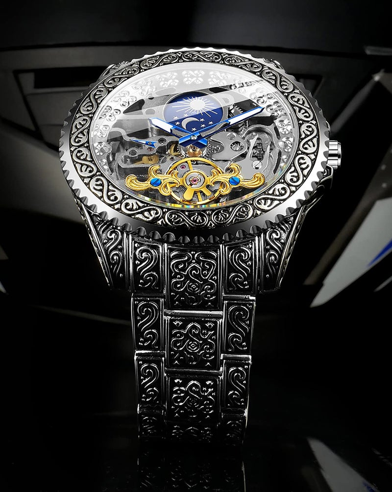 FORSINING ساعة فورسينغ ريترو للرجال مزخرفة ذاتية التعبئة ميكانيكية تاتو توربيون مرحلة القمر ثواني مستقلة هيكلية أوتوماتيكية بقرص كبير، فضي - Image 4