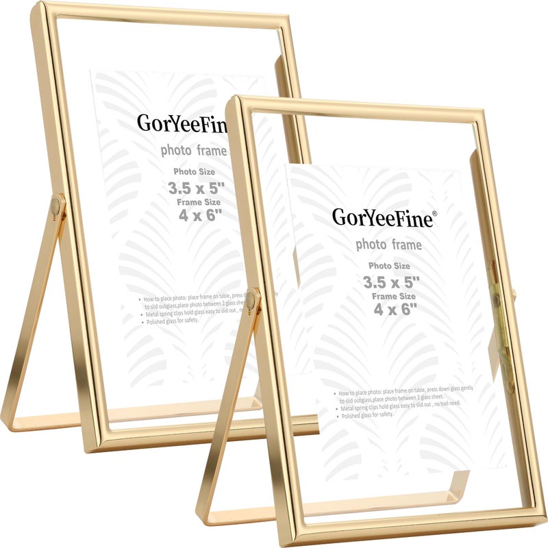 GorYeeFine إطار GorYeeFine الذهبي العائم مقاس 4x6 بوصة، عبوة من قطعتين، مناسب للصور مقاس 2x3 بوصة و3x5 بوصة، إطار صور قابل للتعديل يوضع على الطاولة/الرف، إطارات هدايا معدنية أنيقة لحفلات الزفاف، وعيد الشكر، وعيد الميلاد، وأعياد الميلاد، وديكور المنزل أو المكتب. - Image 1