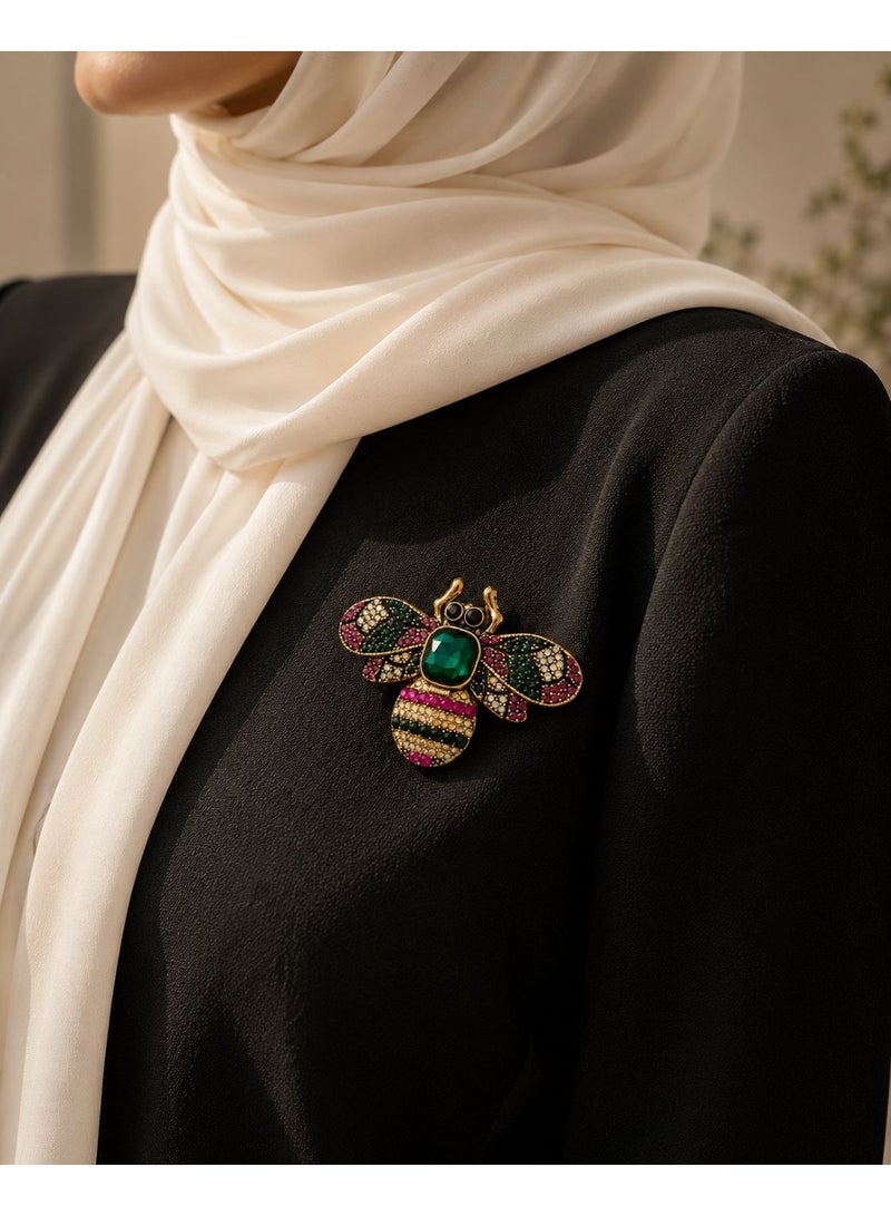 Vintage Bee Brooch Pin for Women, Stainless Steel Bee Lapel Pin with Large Green Center Stone and Colorful Crystal Accents, Elegant Fashion Jewelry Brooch for Clothes, Scarves and Bags - Image 1