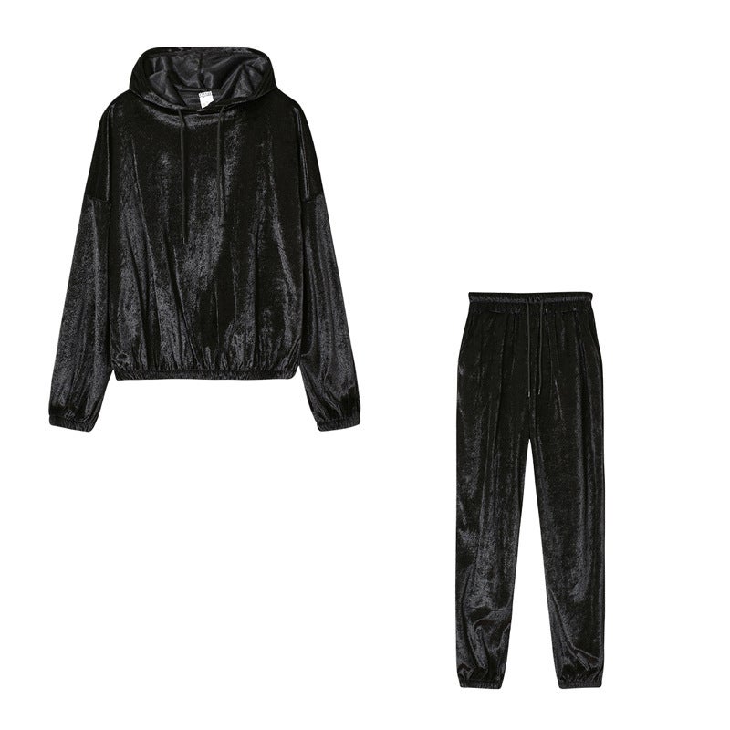 2024 European and American autumn and winter New Amazon womens clothing solid color gold velvet hooded long sleeve casual suit Black