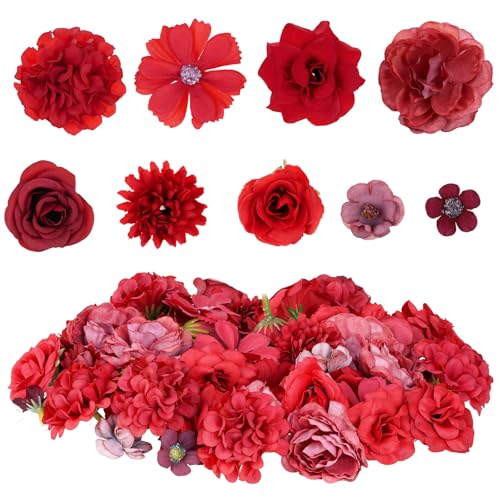 phnydreg Faux Flowers Heads Small Decorative Flowers for Crafts Cake Wreath Garlands Wedding Table Home Decoration (54, red) - Image 1