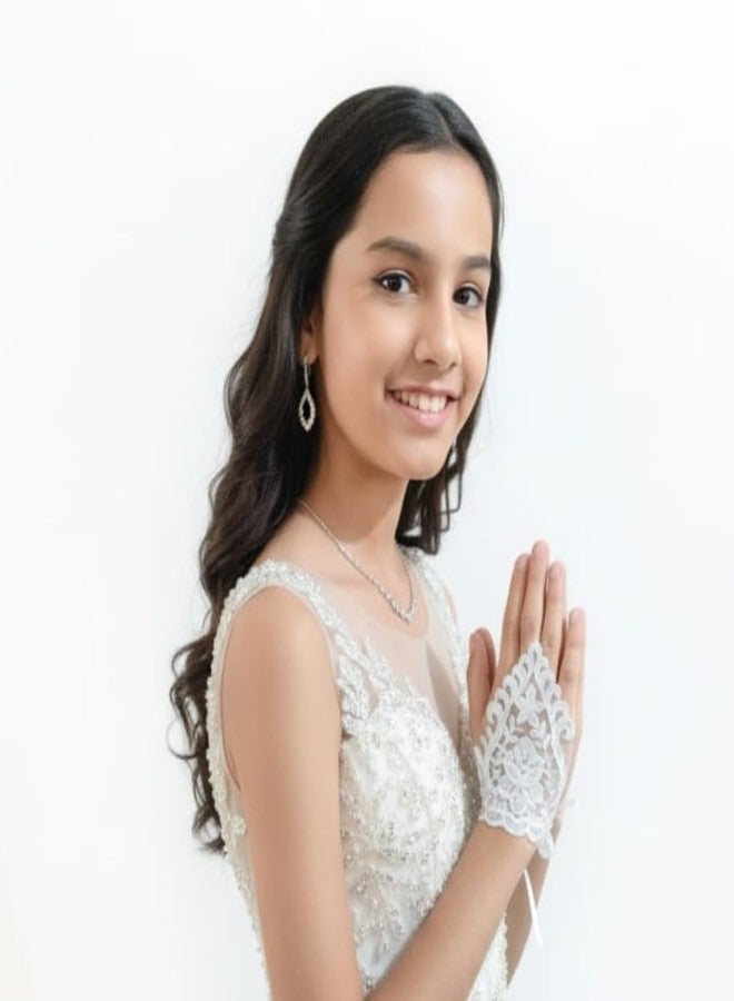 Devino Ora First Holy Communion Confermation Wedding Bridal Ambroidery Siquence Lace Fingerless Hand Gloves For Women & Girls (Mini Ambro, 11.5 CM) - Image 3