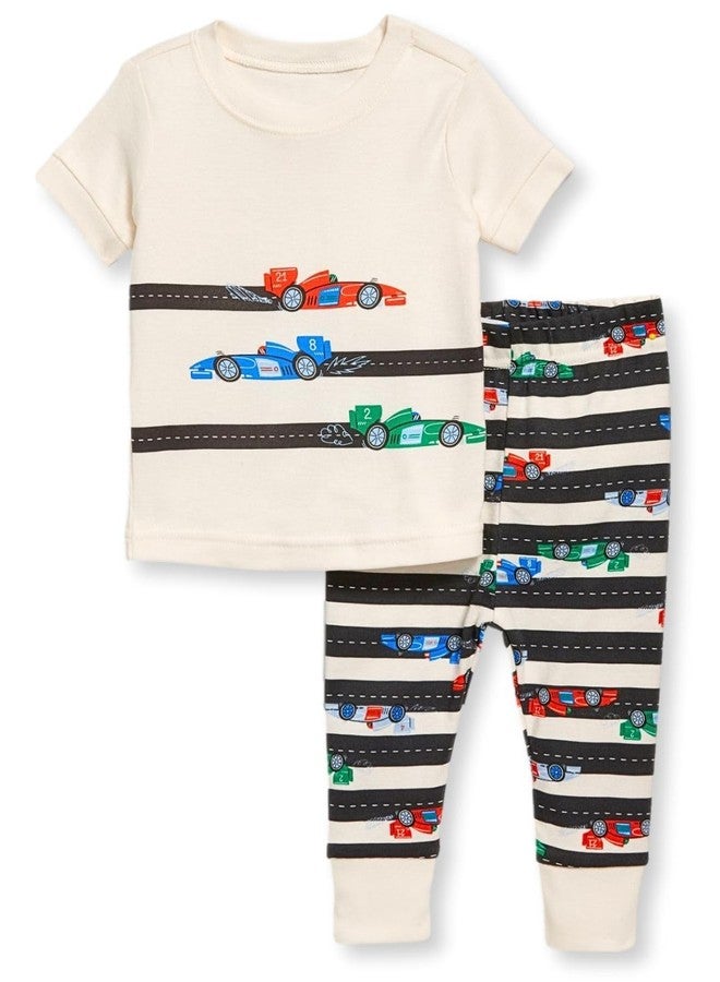 TuddyBuddy 100% Cotton Rib Boys & Girls Short Sleeves T-shirt & Pajama Sets for Day wear and Night Wear (12-18 Months, Offwhite & Black Racing Cars, HS Tee & Bottom Set) - Image 1