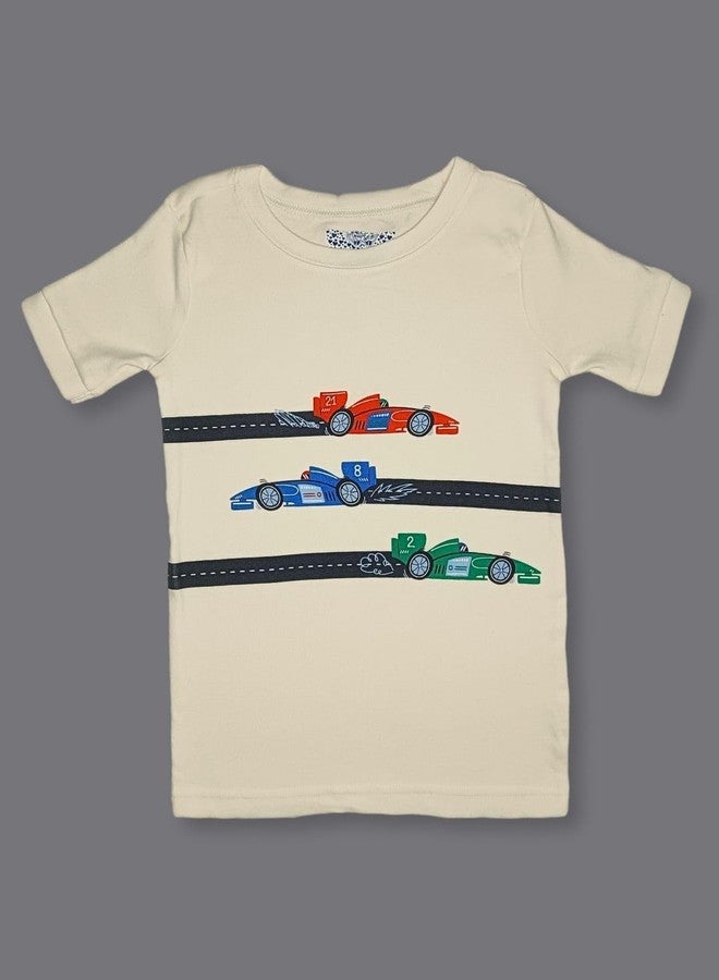 TuddyBuddy 100% Cotton Rib Boys & Girls Short Sleeves T-shirt & Pajama Sets for Day wear and Night Wear (12-18 Months, Offwhite & Black Racing Cars, HS Tee & Bottom Set) - Image 3