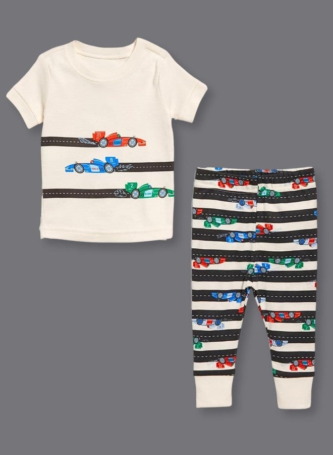 TuddyBuddy 100% Cotton Rib Boys & Girls Short Sleeves T-shirt & Pajama Sets for Day wear and Night Wear (12-18 Months, Offwhite & Black Racing Cars, HS Tee & Bottom Set) - Image 2