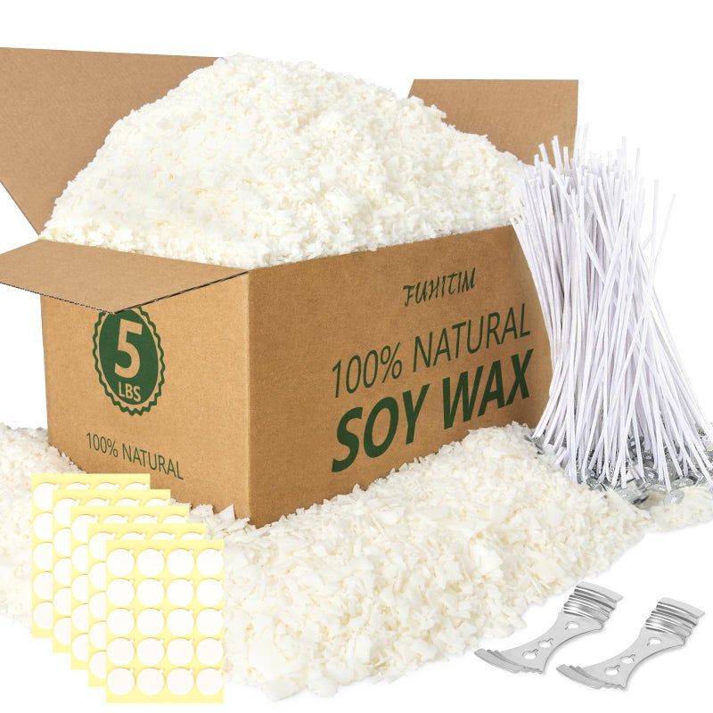 FUHITIM Soy Candle Wax for Candle Making 5 lbs Bag, Premium Natural Soy Wax Flakes, No additives and Pure, 100 Cotton Candle Wicks, 100 Wick Stickers, & 2 Centering Devices - Image 1