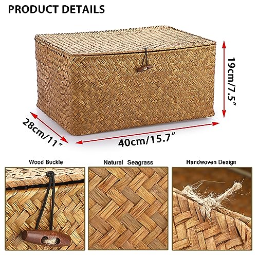 Hipiwe Wicker Shelf Baskets Bin with Lid, Handwoven Seagrass Basket Storage Bins Rectangular Household Basket Boxes for Shelf Wardrobe Home Organizer, Caramel X-Large - Image 5