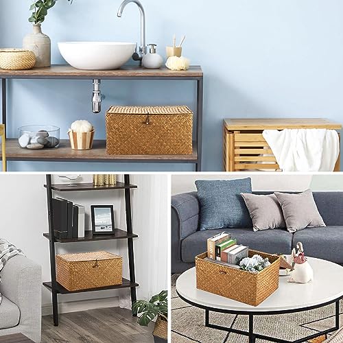 Hipiwe Wicker Shelf Baskets Bin with Lid, Handwoven Seagrass Basket Storage Bins Rectangular Household Basket Boxes for Shelf Wardrobe Home Organizer, Caramel X-Large - Image 3
