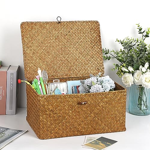 Hipiwe Wicker Shelf Baskets Bin with Lid, Handwoven Seagrass Basket Storage Bins Rectangular Household Basket Boxes for Shelf Wardrobe Home Organizer, Caramel X-Large - Image 4