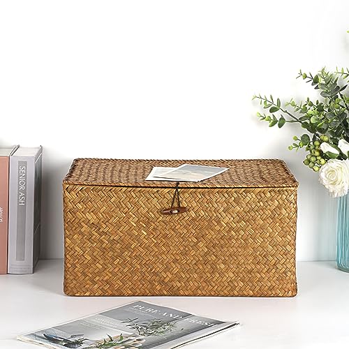 Hipiwe Wicker Shelf Baskets Bin with Lid, Handwoven Seagrass Basket Storage Bins Rectangular Household Basket Boxes for Shelf Wardrobe Home Organizer, Caramel X-Large - Image 2