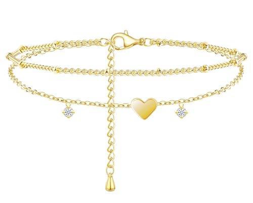 Poxtex Gold Heart Anklet for Women Waterproof, Zircon Gemstone Multilayer Cute Gold Layered Ankle Bracelets for Women, Jewelry Gifts for Mom Her - Image 1