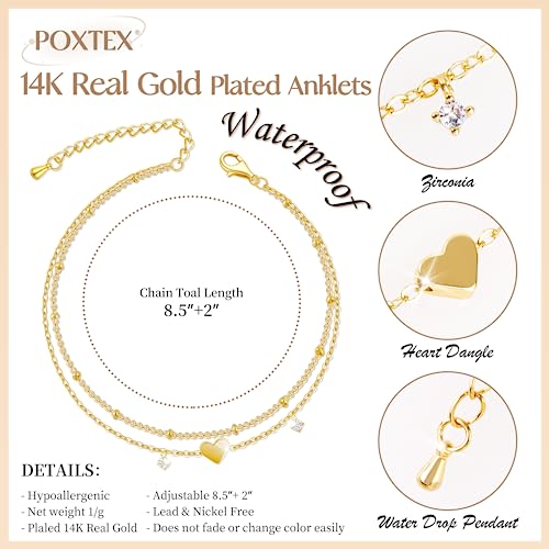 Poxtex Gold Heart Anklet for Women Waterproof, Zircon Gemstone Multilayer Cute Gold Layered Ankle Bracelets for Women, Jewelry Gifts for Mom Her - Image 4