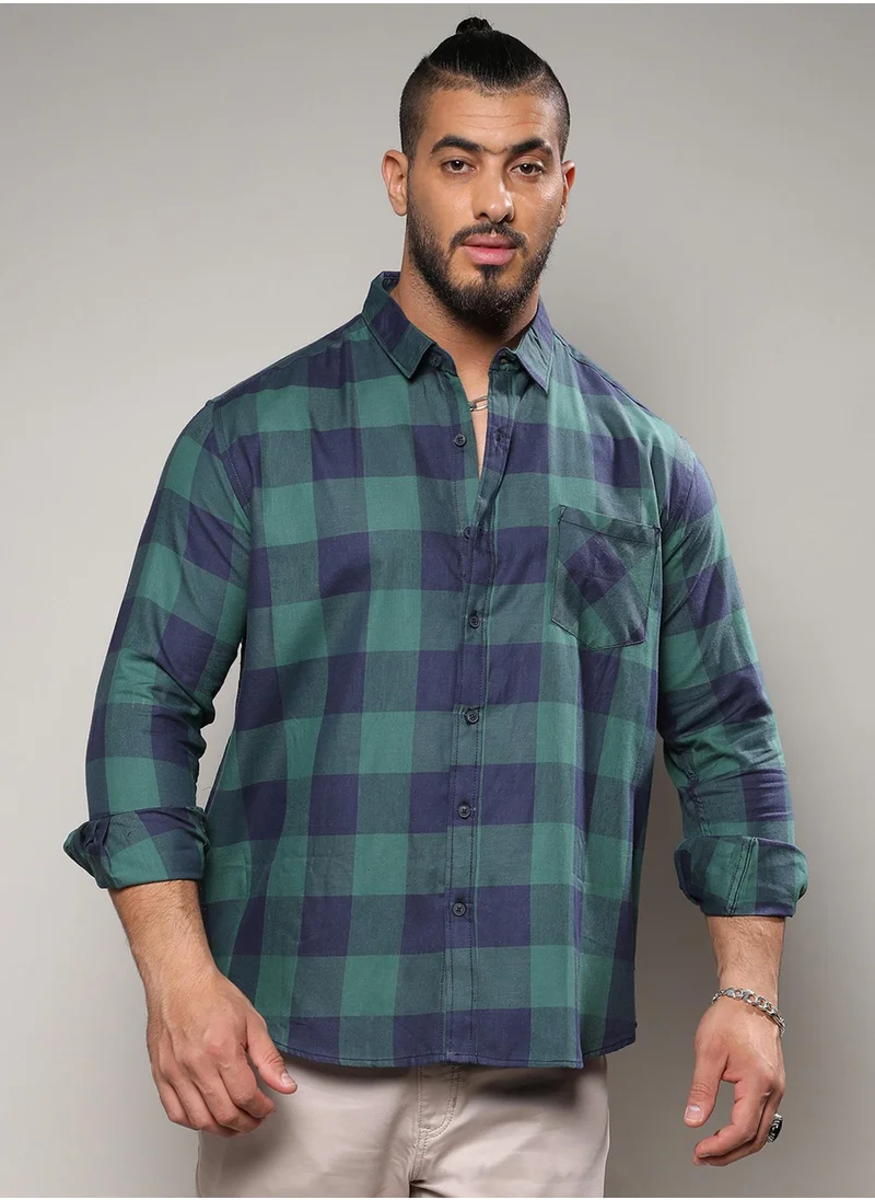 Instafab Plus Instafab Plus Men's Navy Blue & Forest Green Buffalo Check Shirt For Casual Wear | Spread Collar | Long Sleeve | Button Closure | Shirt Crafted With Comfort Fit For Everyday Wear