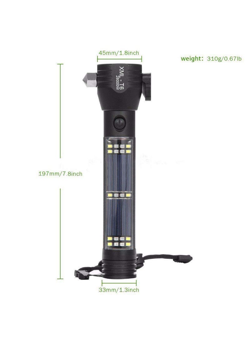 Moolten Moolten Aluminium 7 Mode Solar LED Torch Flashlight Power Bank Car Emergency Tool with Window Breaker Magnet Cutter Compass for Travel Camping Hiking Security Black  - Image 5