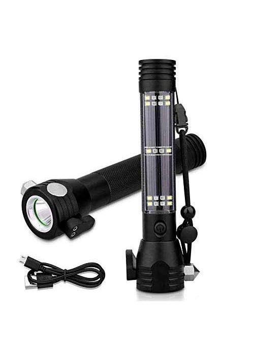 Moolten Moolten Aluminium 7 Mode Solar LED Torch Flashlight Power Bank Car Emergency Tool with Window Breaker Magnet Cutter Compass for Travel Camping Hiking Security Black  - Image 1