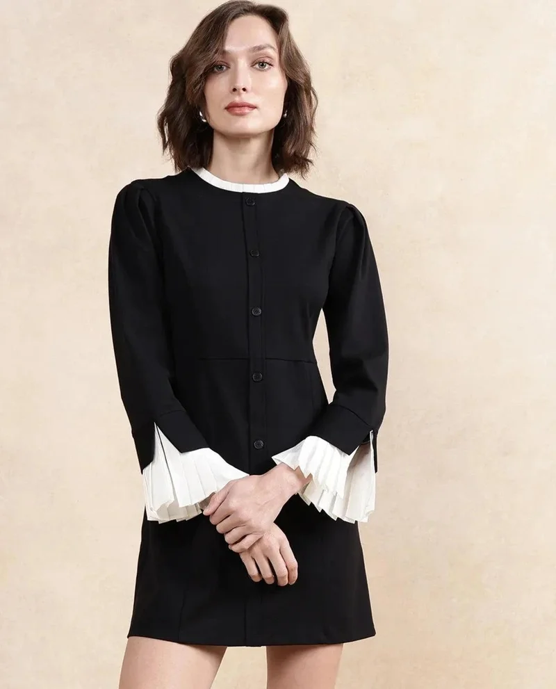 Rareism Women's Knit Dress With Woven Collar And Cuff