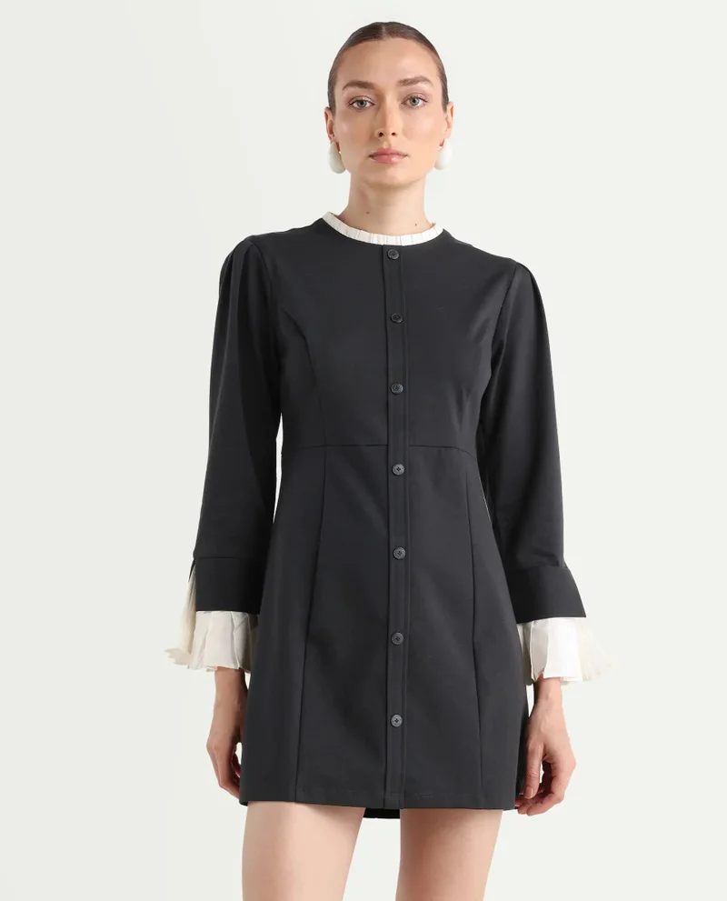 Rareism Women's Knit Dress With Woven Collar And Cuff