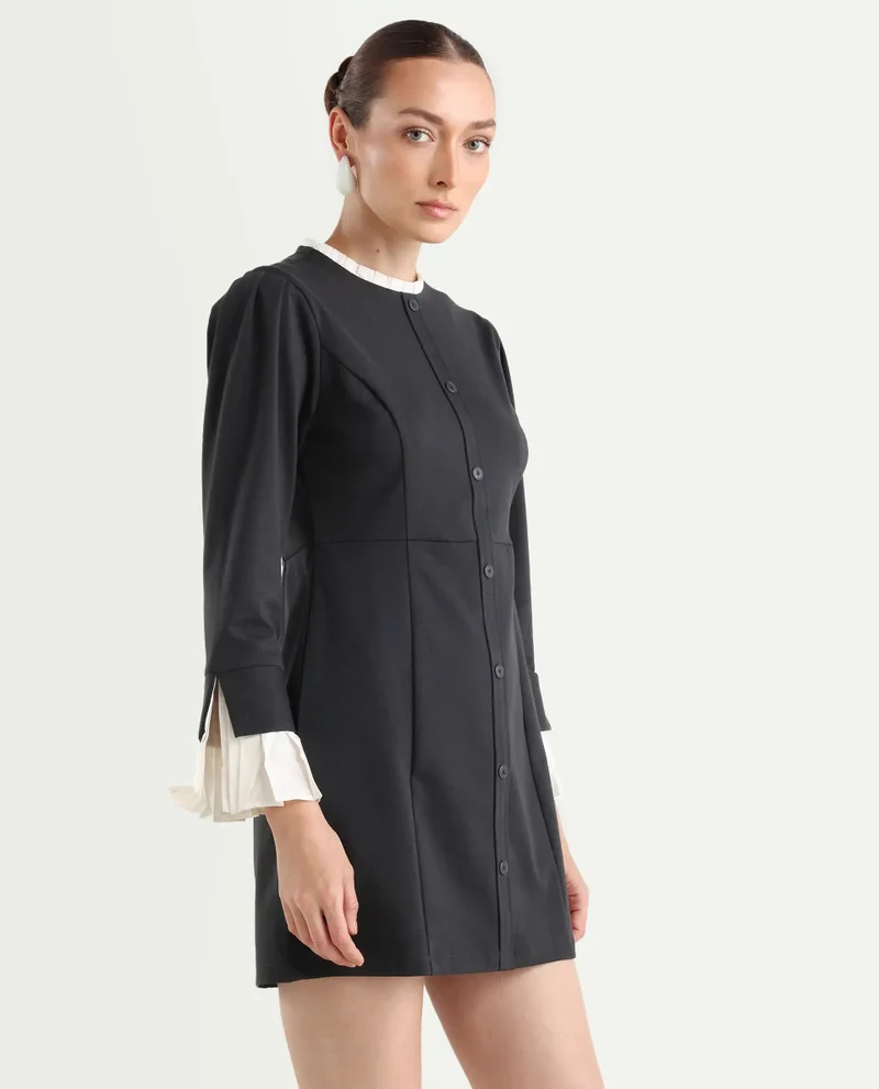 Rareism Women's Knit Dress With Woven Collar And Cuff