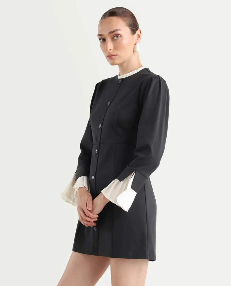 Rareism Women's Knit Dress With Woven Collar And Cuff