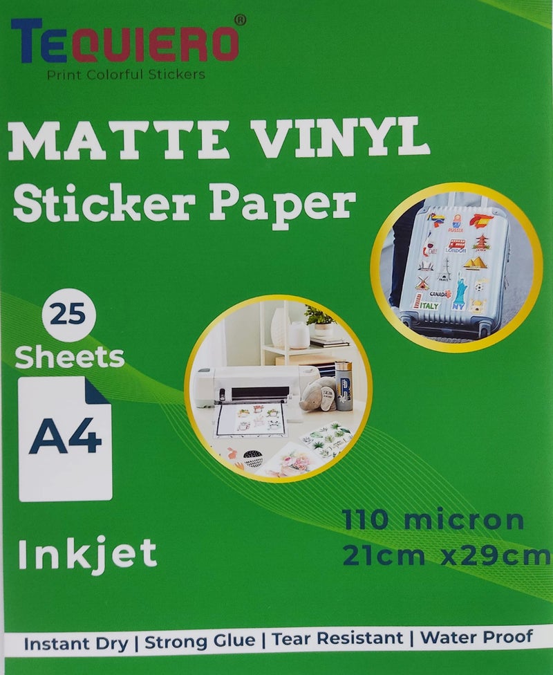 TeQuiero Matte Vinyl Sticker Paper Self Adhesive Photo Paper for Inkjet, Waterproof, Instant Dry, Tear Resistant A4 Size Sheets for printing Matt Vinyl Stickers For Art - 25 Sheets - Image 1