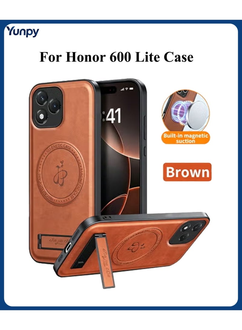 Honor 600 Lite Magnetic Suction Case, PU Leather Shockproof Phone Cover with Foldable Kickstand Brown