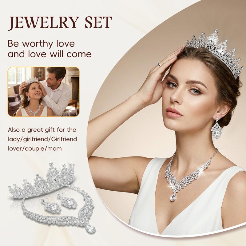 Geurlev Tiaras and Crowns for Women,Tiaras Earrings Necklace, Crystal Bridal Jewelry Set (Silver white) - Image 4