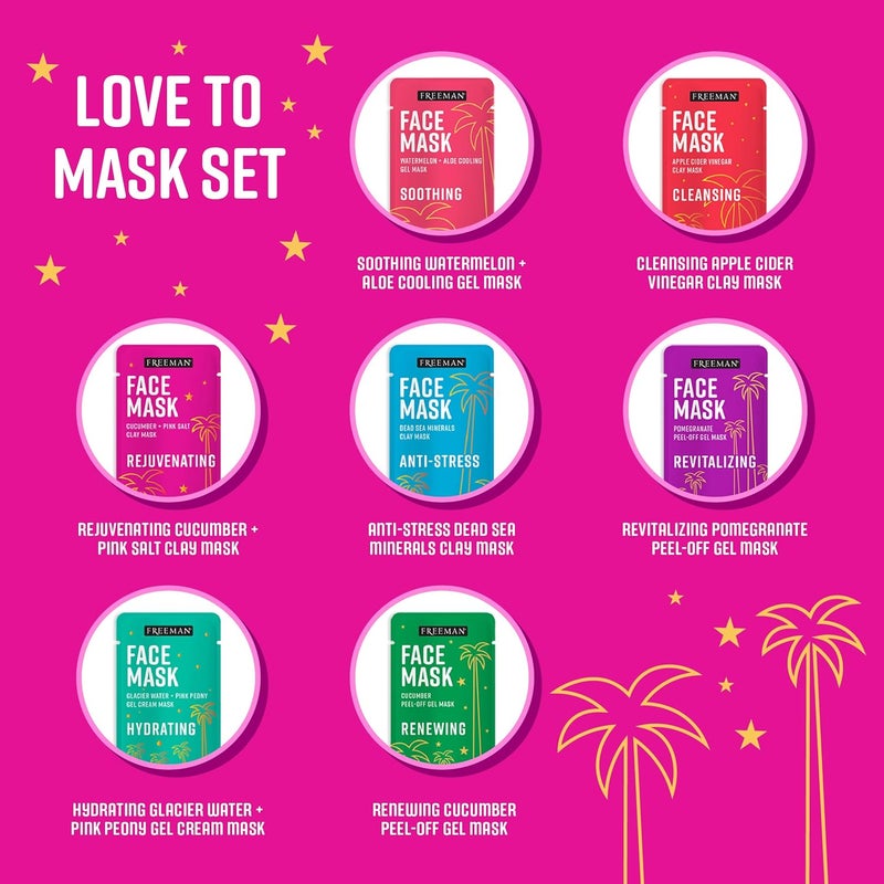 Freeman Facial Love To Mask Variety Pack Oil Absorbing Clay Detoxifying Charcoal Clearing Peel Off Hydrating Gel Cream Exfoliating Scrub 14 Piece Kit with Bonus Buffer and Headband - Image 2