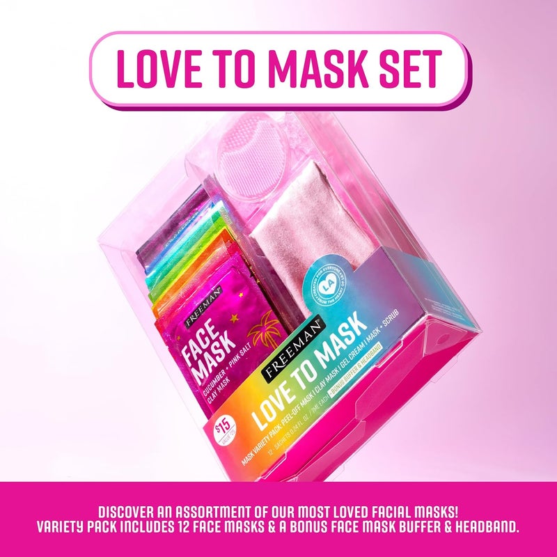 Freeman Facial Love To Mask Variety Pack Oil Absorbing Clay Detoxifying Charcoal Clearing Peel Off Hydrating Gel Cream Exfoliating Scrub 14 Piece Kit with Bonus Buffer and Headband - Image 1