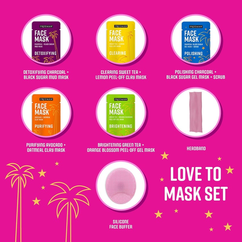 Freeman Facial Love To Mask Variety Pack Oil Absorbing Clay Detoxifying Charcoal Clearing Peel Off Hydrating Gel Cream Exfoliating Scrub 14 Piece Kit with Bonus Buffer and Headband - Image 3