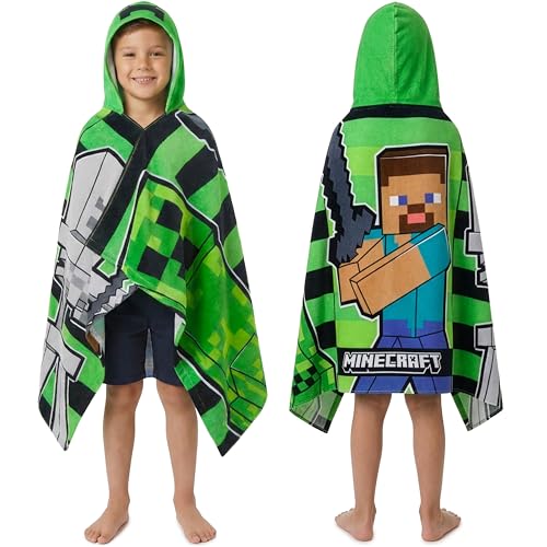 Minecraft Towelling Poncho Kids Teens Hooded Bath Towels Absorbent Beach Towel GreenBlack 614 Years - Image 1