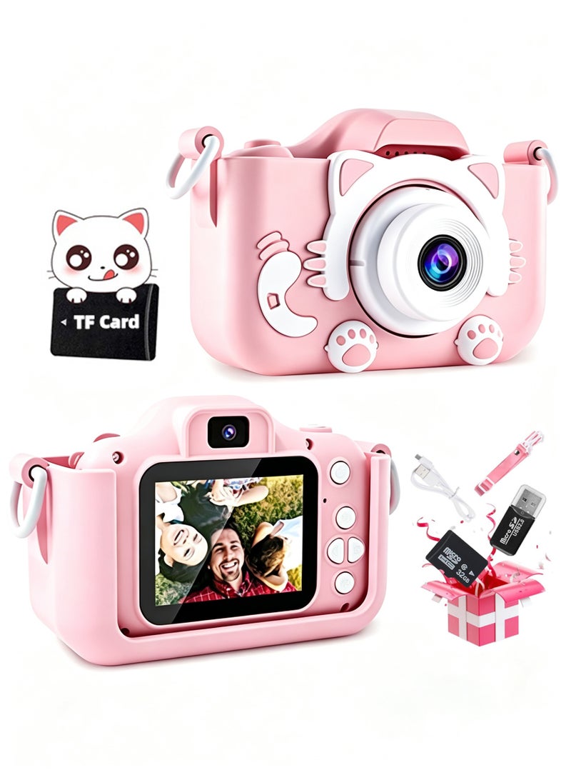 SUPER SO Kids Camera,1080P HD Digital Video Camera Toy for Boys/Girls, Birthday Festival Gifts for Kids,USB Rechargeable Kids Selfie Camera with 32GB SD Card and card reader(Pink) - Image 1