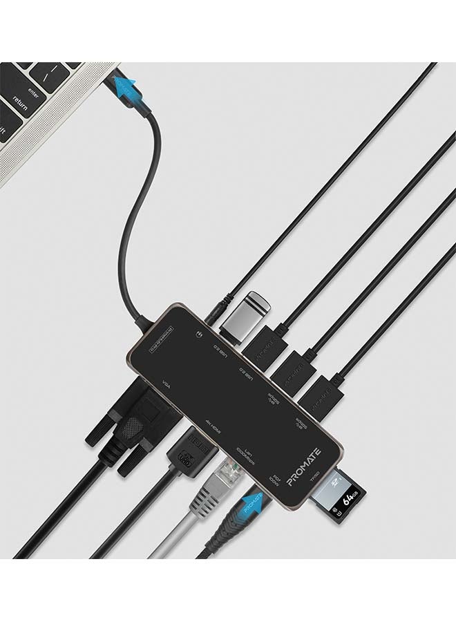 بروميت موزع USB-C من بروميت ومحول متعدد المنافذ 11-في-1 من نوع Type-C بموصل طاقة USB-C بقوة 100 وات، ووصلة HDMI بدقة 4K، ومنفذ VGA بدقة 1080ومنفذ RJ45 وAUX، وفتحة بطاقات ترانس فلاش/SD، و4 منافذ USB لأجهزة ماك بوك برو وماك بوك آير وXPS وبرايم هب-برو أسود - Image 3