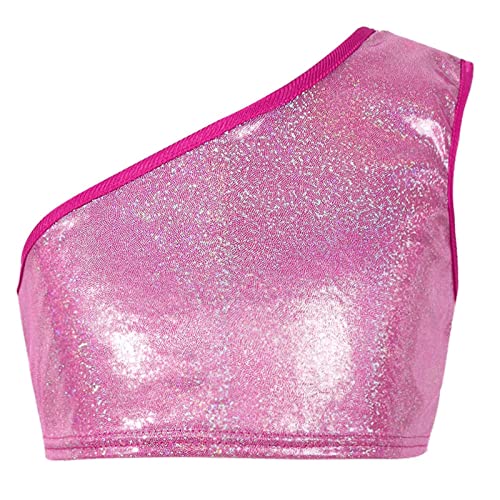 DRHOM Kids Girls One-Shoulder Sequins Dance Vest Jazz Hip Hop Stage Performance Tank Crop Tops Clothes Dancewear (Rose Red, 10-12) - Image 1