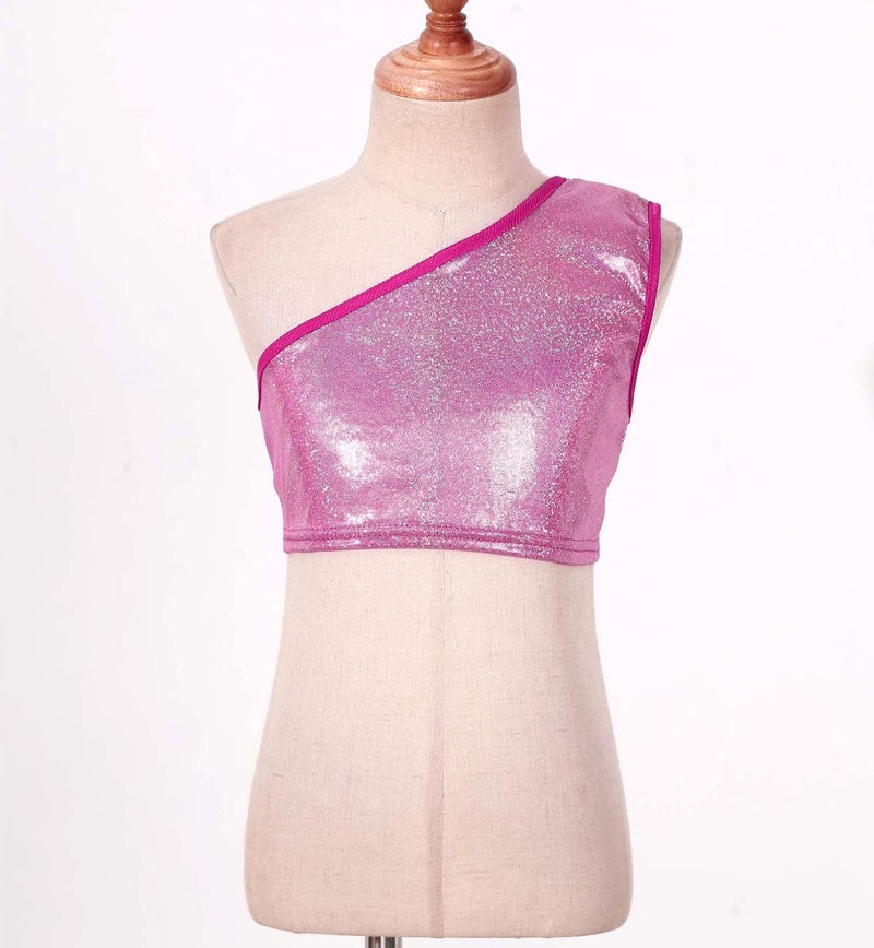 DRHOM Kids Girls One-Shoulder Sequins Dance Vest Jazz Hip Hop Stage Performance Tank Crop Tops Clothes Dancewear (Rose Red, 10-12) - Image 5