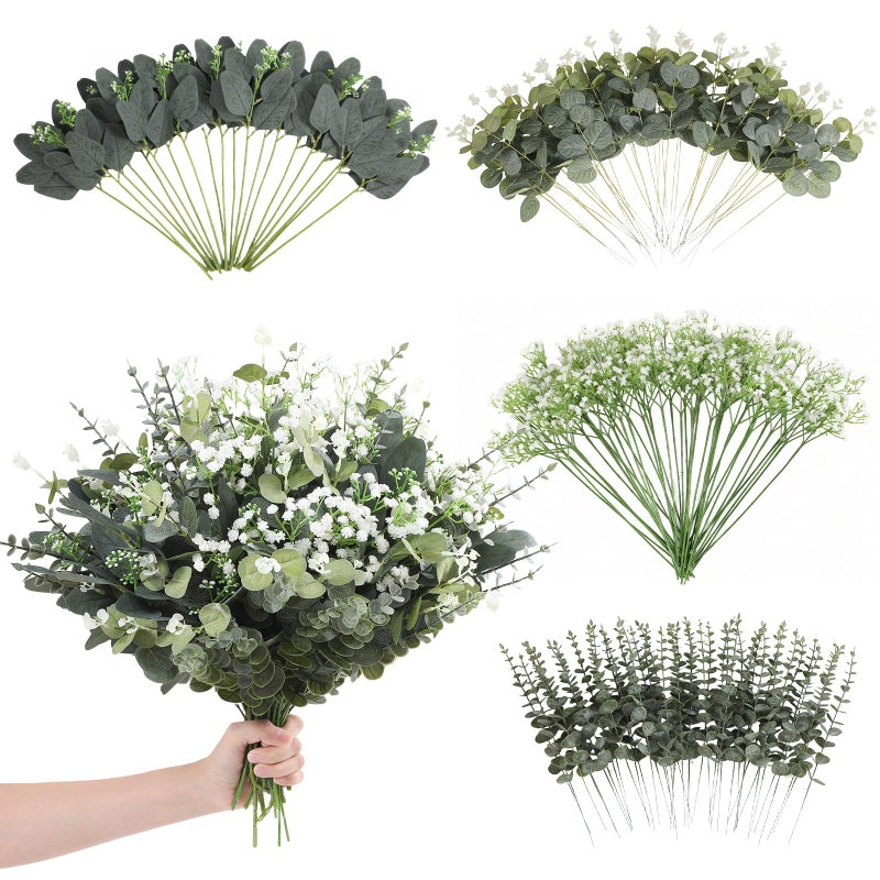 Ecerangus 120 Pcs Mixed Artificial Eucalyptus Leaves Stems Bulk,Baby Breath Artificial Flowers Bulk with Eucalyptus Leaves Greenery Stems for DIY Bouquets Wedding Floral Home Decor (Green-120pcs) - Image 1