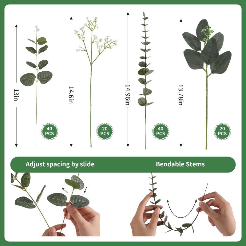 Ecerangus 120 Pcs Mixed Artificial Eucalyptus Leaves Stems Bulk,Baby Breath Artificial Flowers Bulk with Eucalyptus Leaves Greenery Stems for DIY Bouquets Wedding Floral Home Decor (Green-120pcs) - Image 4