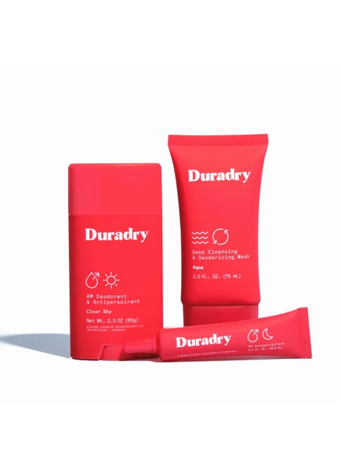 Duradry 3-Step System - Formulated to fight Excessive Underarm Sweating, Hyperhidrosis, Block Sweat & Odor - Antiperspirant Deodorant Stick, Sweat Minimizing Gel, Deodorizing Body Wash - Clear Sky