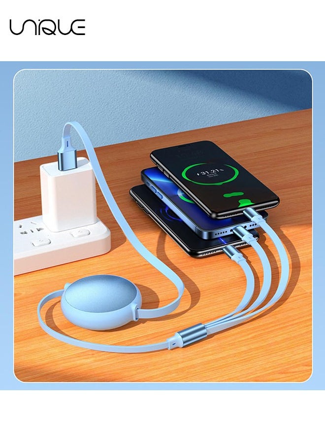 كابل شحن قابل للسحب 3 في 1 ، للنوع C ، اسحب ثلاثة كابلات بيانات سريعة الشحن ، كابل USB متعدد سلك شاحن سريع لأجهزة iPhone و Samsung و iPad والأجهزة اللوحية و Switch والمزيد (أزرق سماوي)