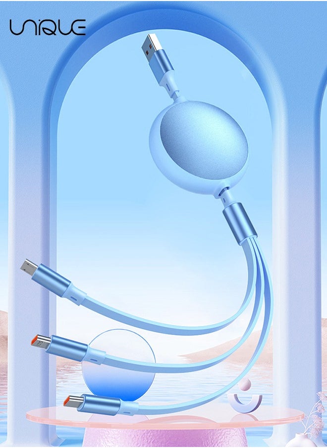 كابل شحن قابل للسحب 3 في 1 ، للنوع C ، اسحب ثلاثة كابلات بيانات سريعة الشحن ، كابل USB متعدد سلك شاحن سريع لأجهزة iPhone و Samsung و iPad والأجهزة اللوحية و Switch والمزيد (أزرق سماوي)