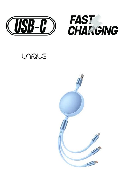 كابل شحن قابل للسحب 3 في 1 ، للنوع C ، اسحب ثلاثة كابلات بيانات سريعة الشحن ، كابل USB متعدد سلك شاحن سريع لأجهزة iPhone و Samsung و iPad والأجهزة اللوحية و Switch والمزيد (أزرق سماوي)