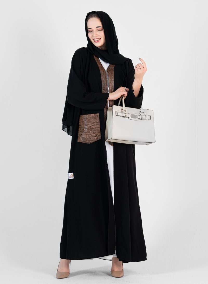 Rosette Abaya Black abaya With Leather Design and pucket - Image 1