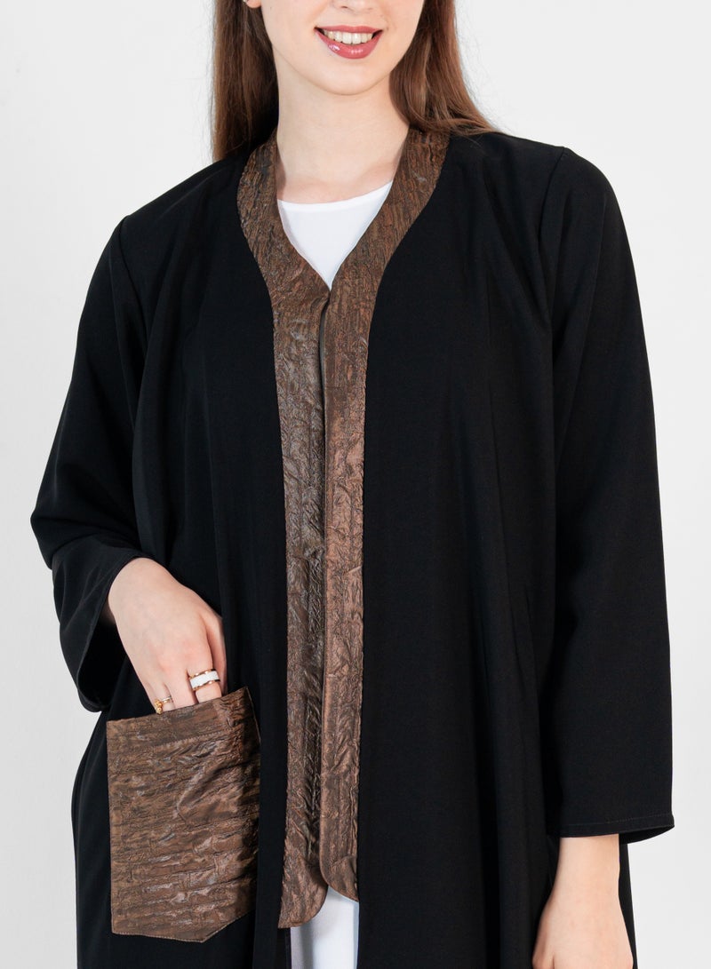 Rosette Abaya Black abaya With Leather Design and pucket - Image 2
